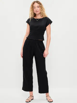 High-Waisted Linen-Blend Straight Ankle Pants | Old Navy (US)