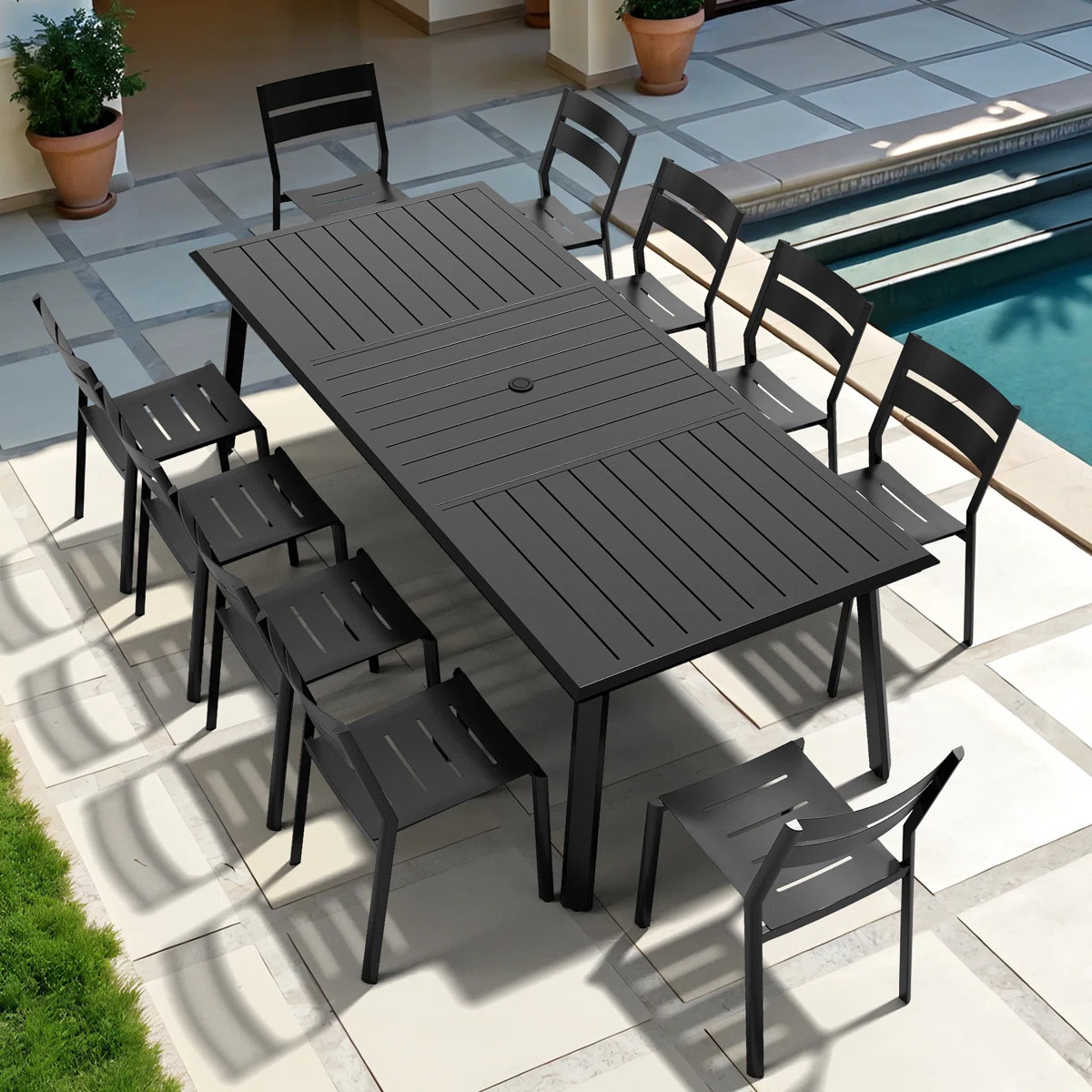10 - Person All-aluminum Rectangular Outdoor Dining Set with Stackable Chairs | Wayfair North America
