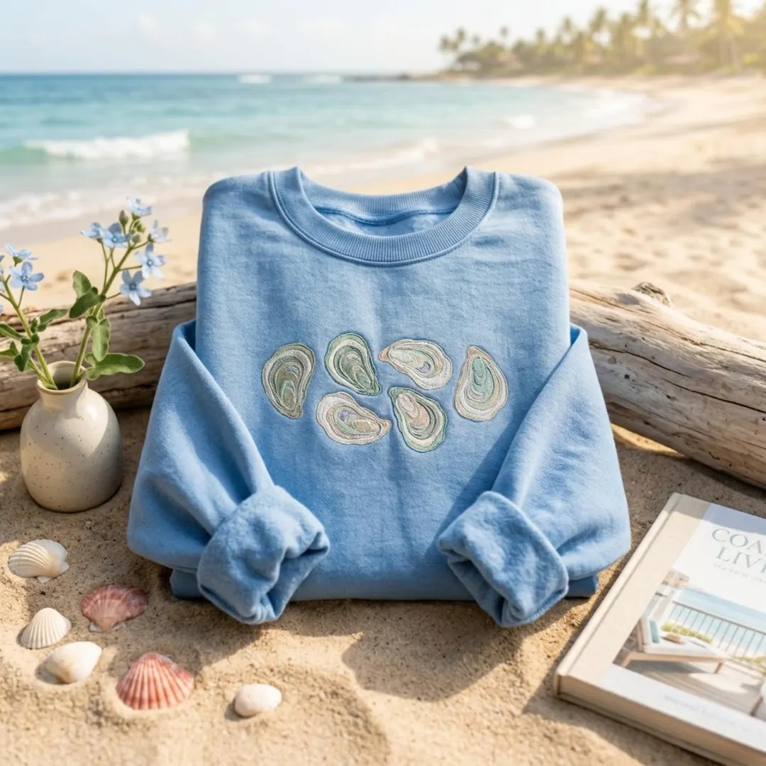 Embroidered Oyster Shell Sweatshirt, Coastal Beach Ocean Graphic Tee - Etsy | Etsy (Global)