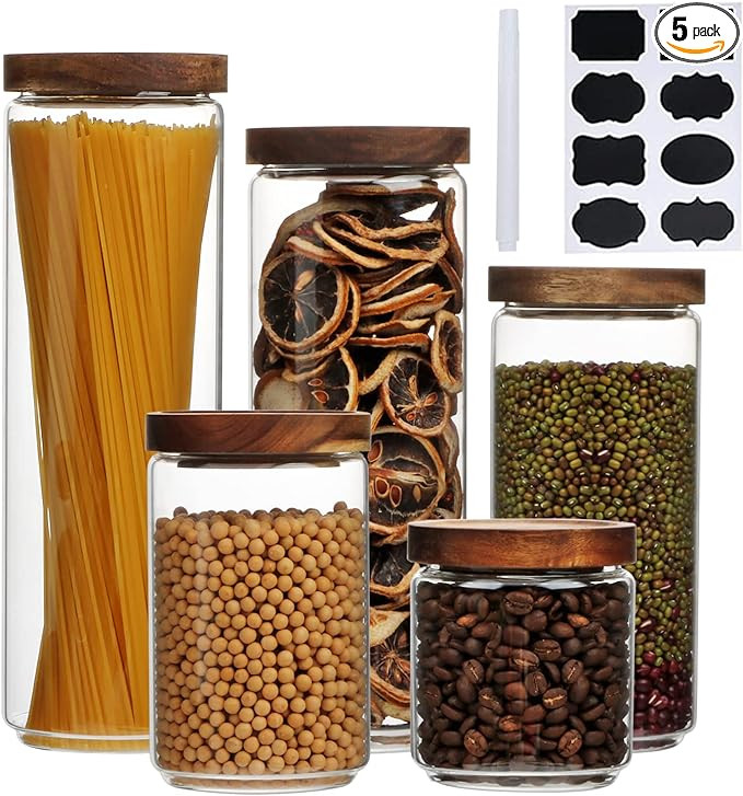Glass Canisters With Wooden Lids Kitchen Jars for Storage,Tea,Sugar and Coffee Container Set,Set ... | Amazon (US)