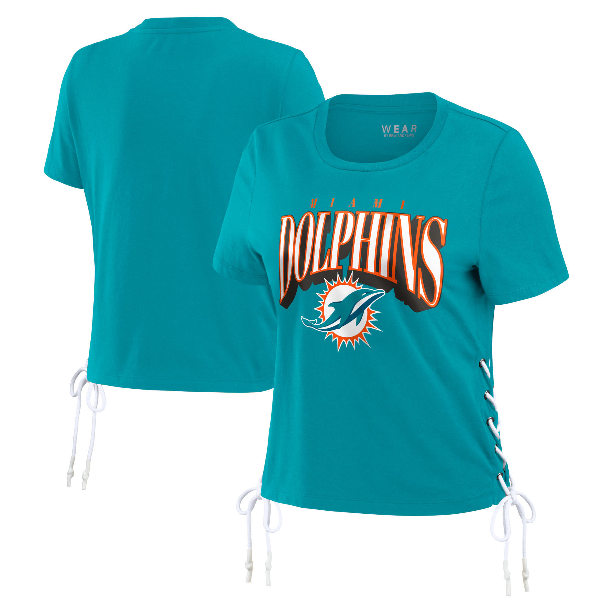 Women's WEAR by Erin Andrews Aqua Miami Dolphins Lace Up Side Modest Cropped T-Shirt | Fanatics
