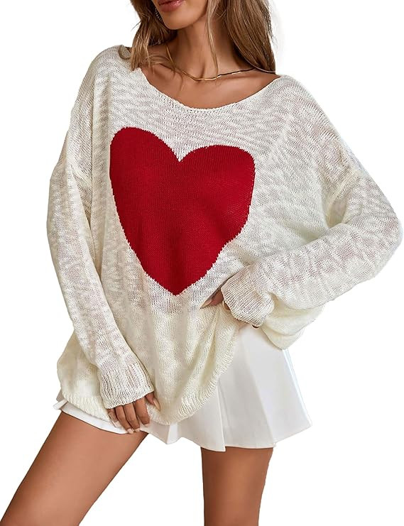 Womens Valentine Heart Sweater 2026 Valentines Day Trendy Cute Oversized Long Sleeve Pullover Swe... | Amazon (US)