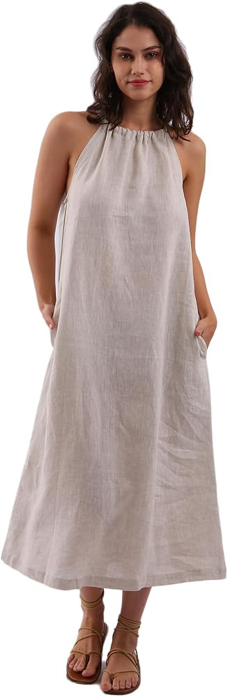 Amazhiyu Womens Linen Halter Sleeveless Maxi Dress Tie Back with Belt and Pockets | Amazon (US)