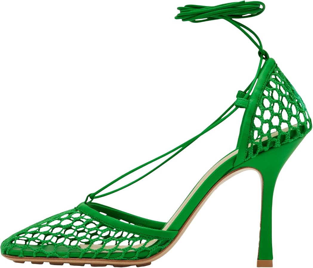 Olomisa Mesh Heels for Women - Wrap-up Heels with Square Toe & Strappy Fishnet Design | Amazon (US)