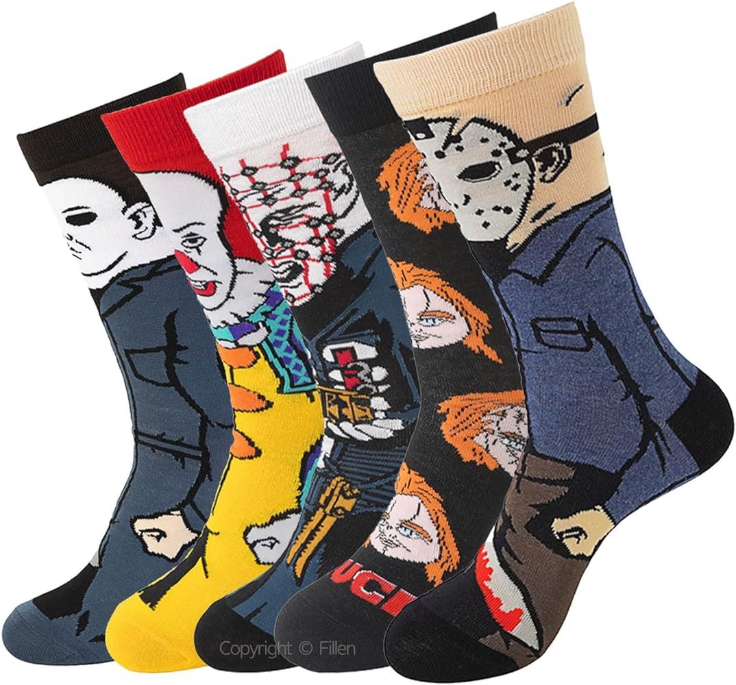 Fillen 5 Pairs Classic Horror Movie Character Cartoon Socks Funny Novelty Scary Design Cotton Soc... | Amazon (US)