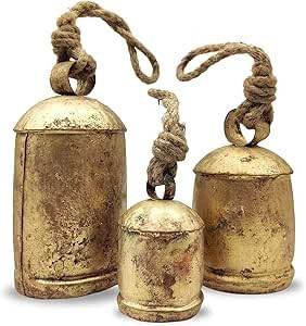 Rustic Hanging Cow Bells Set Large Metal Gold Bell Ornaments (4", 6", 8") for Christmas Decorations Vintage Decor Handmade Jingle Bells Farmhouse Cowbell, Witches & Tibetan Bells | Amazon (US)