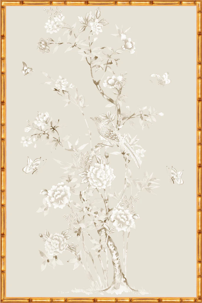 Monochrome "Chinoiserie Garden 1" Framed Panel in "Dune" by Lo Home X Tashi Tsering | Lo Home by Lauren Haskell Designs