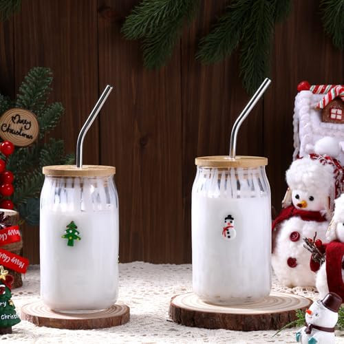 Honeydak 2 Pcs Christmas Icon Juice Glass Tumbler - 18 oz Christmas Tree & Snowman Can Shape Glass Cups with Lid and Straws Coffee, Beer, Juice, Winter Drinking for XMAS Party Supplies Gift | Amazon (US)