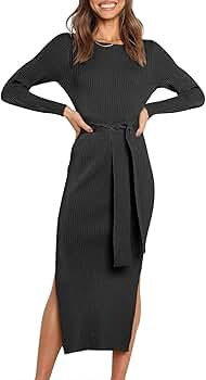 Caracilia Women's Crew Neck Long Sleeve Midi Sweater Dress Elegant Side Slit Bodycon Dress with B... | Amazon (US)