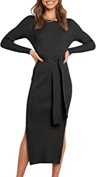 Caracilia Women's Crew Neck Long Sleeve Midi Sweater Dress Elegant Side Slit Bodycon Dress with B... | Amazon (US)