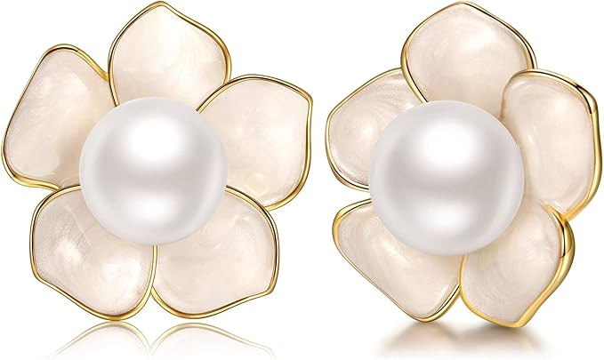 Stud Earings 14K Gold Plated 925 Sterling Silver Post Rose Flower & Pearl Stud Earrings for Women | Amazon (US)