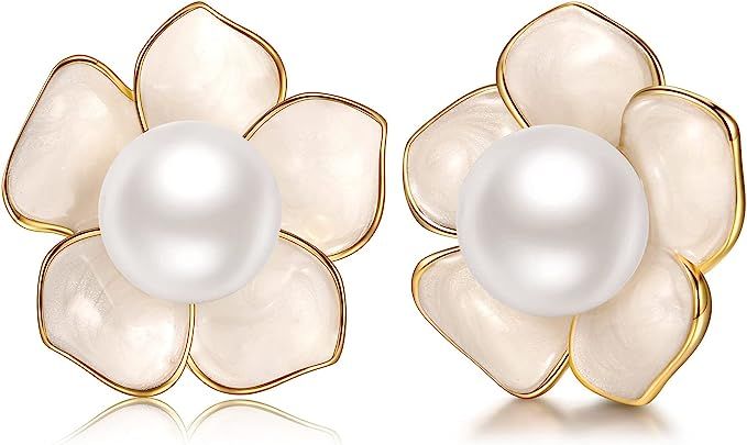 Stud Earings 14K Gold Plated 925 Sterling Silver Post Rose Flower & Pearl Stud Earrings for Women | Amazon (US)