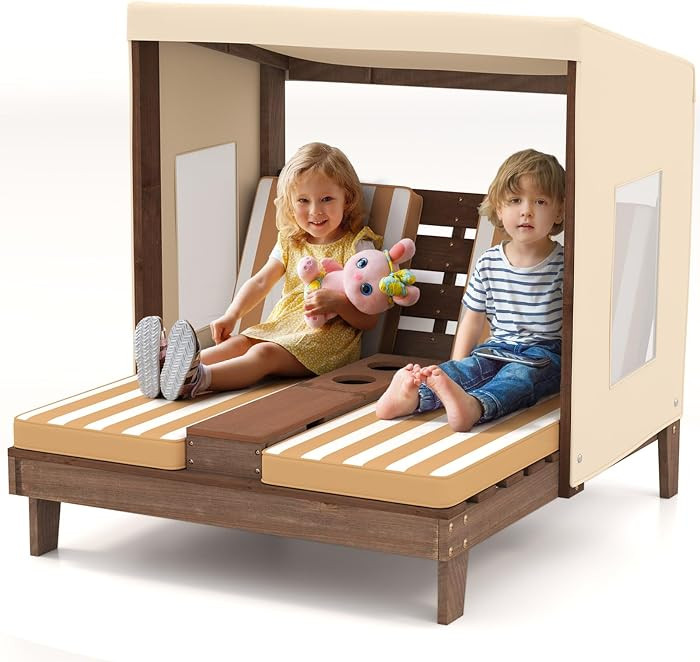 HONEY JOY Kids Chaise Lounge Chair Outdoor, Toddler Wood Double Pool Lounger Chairs w/Canopy, Cup... | Amazon (US)