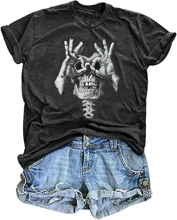 MYHALF Skull Shirts for Women Humorous Skeleton Graphic Tee Halloween Horror Clothes Casual Vinta... | Amazon (US)