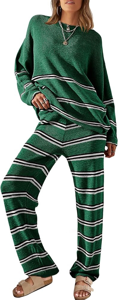 SCUSTY Women 2 Piece Outfits Oversized Fall Striped Sweaters Sets Loungewear Cozy Knit Long Sleev... | Amazon (US)