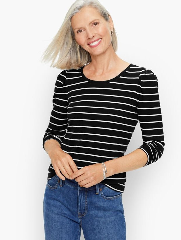 Pleated Sleeve Crewneck Top - Stripe | Talbots