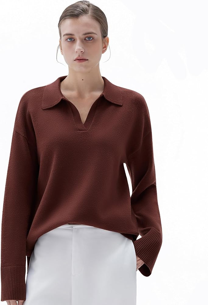 SUUKSESS Women Cashmere Oversized V Neck Pullover Sweaters Long Sleeve Collared Knit Jumper Tops | Amazon (US)