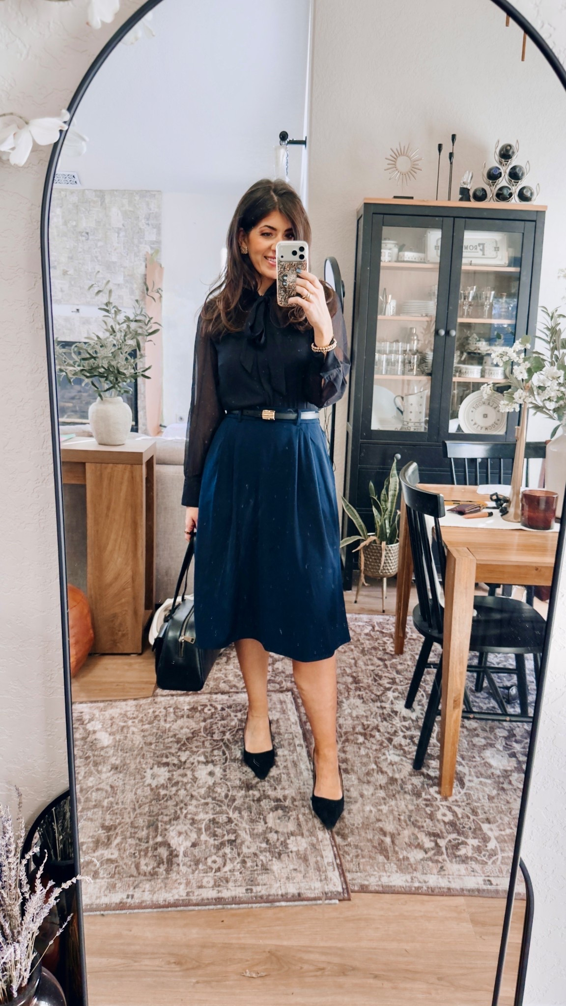 What I wore to work today
Medium bow tie top
Medium pleased skirt
Medium black belt - reversible 

#LTKWorkwear #LTKMidsize #LTKOver40