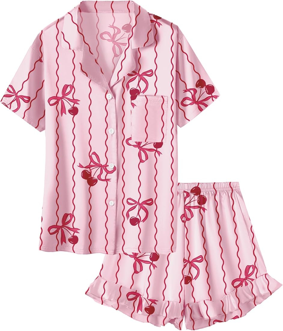 Umeyda Girls & Women Satin Pajamas Set Button Down 2 Piece Silk Pjs Shorts Set Ruffle Sleepwear, ... | Amazon (US)