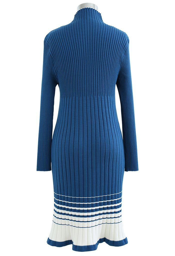 Contrast Hem Mock Neck Knit Dress in Indigo | Chicwish