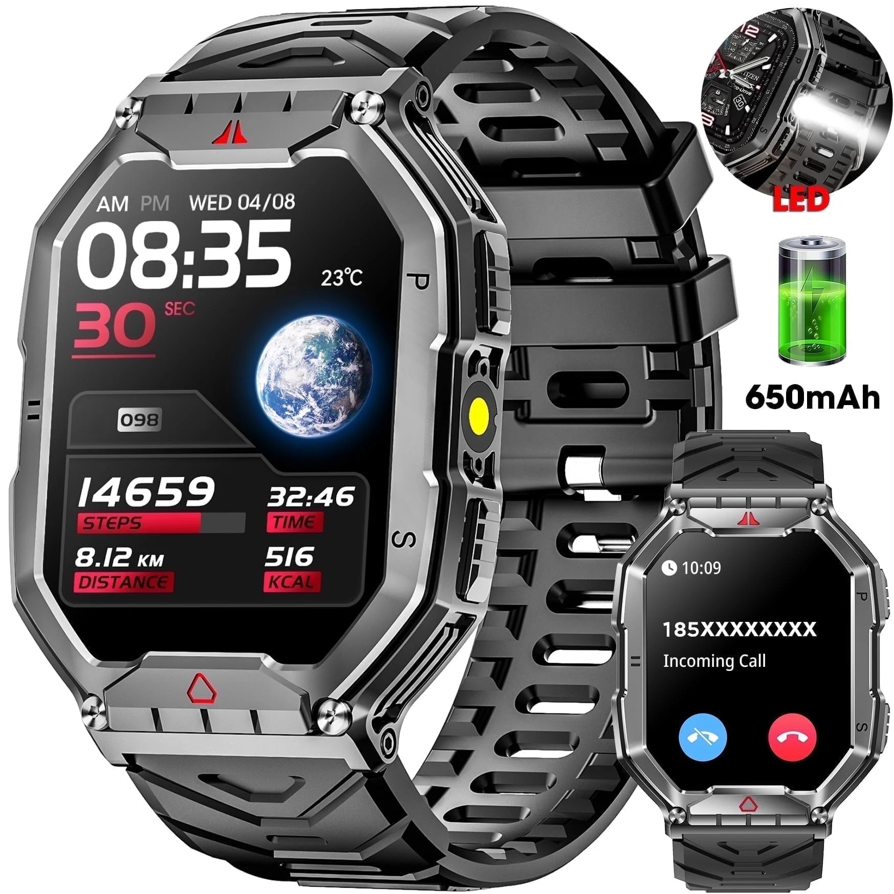Mingdaln 2.1-inch AMOLED Men Military Smartwatch，with Fitness Tracker/ Answer Make Calls /100+ ... | Walmart (US)