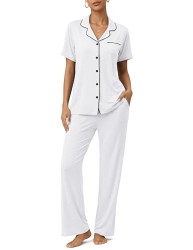 ZMJ Pajama For Women Short Sleeve Long Pants Pajamas For Women Womens Pajama Sets Button Down White XL | Amazon (US)