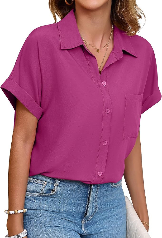Womens Button Down Shirt Casual Short Sleeve Collared Work Blouse with Pocket | Amazon (US)