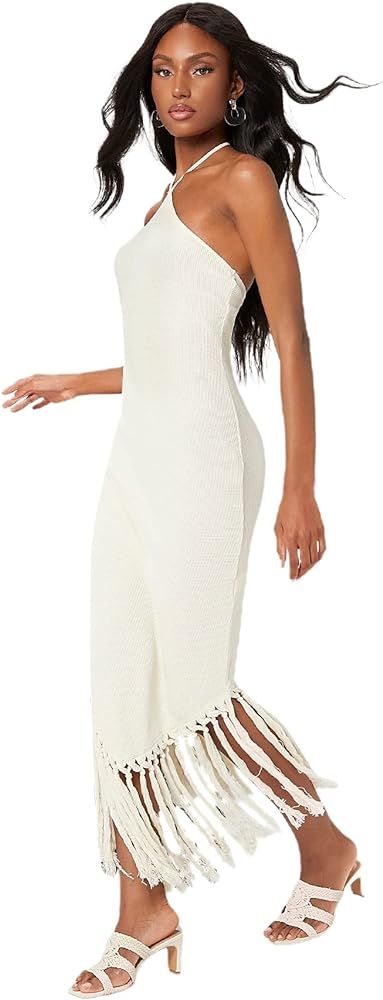 Verdusa Women's Backless Halter Neck Asymmetrical Fringe Hem Long Bodycon Dress | Amazon (US)