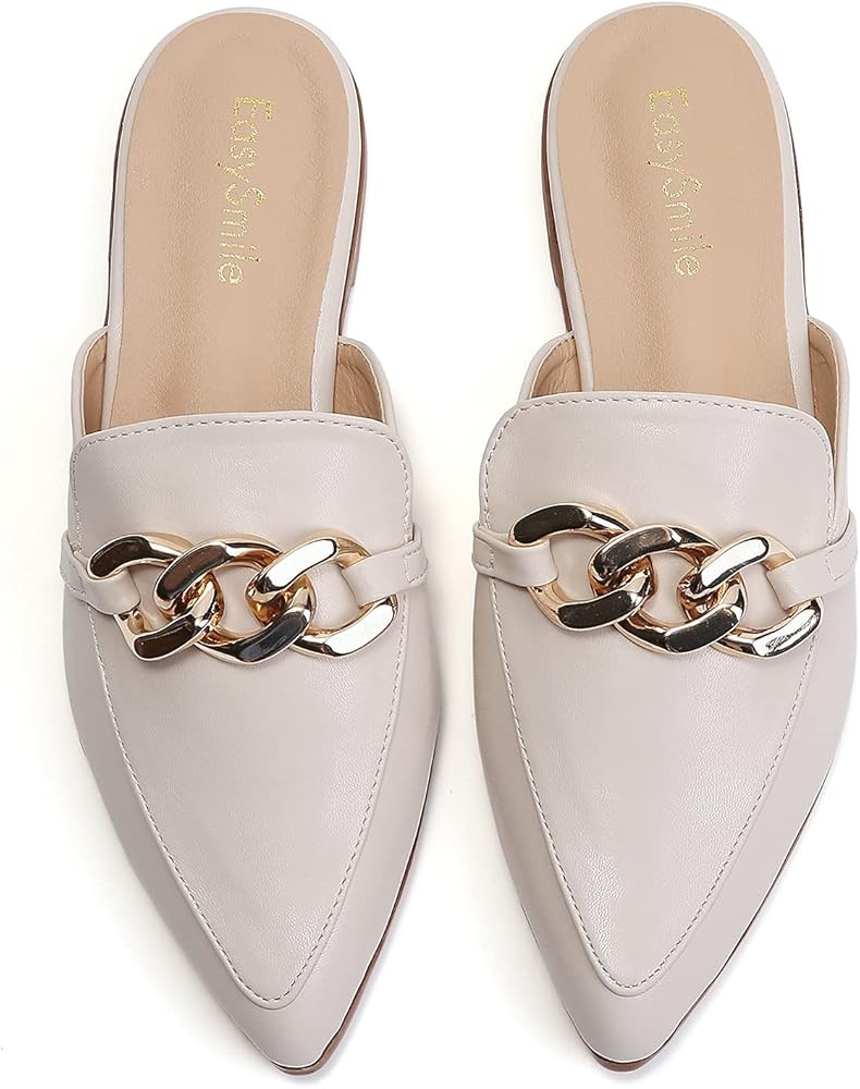 EasySmile Metal Chain Decor Flat Mules for Women Closed Pointed Toe Slip on Loafers Slides Backless  | Amazon (US)