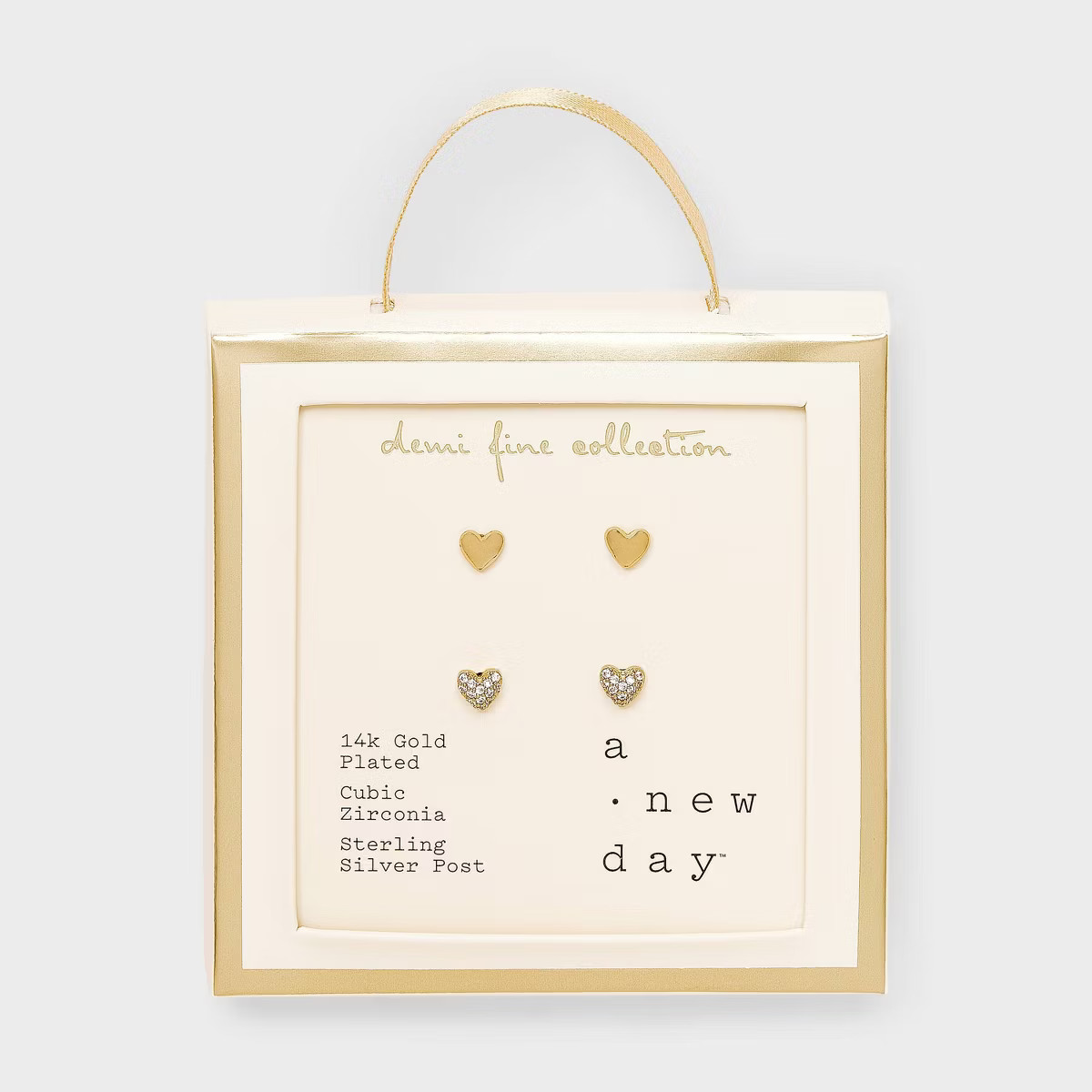 14k Gold Plated Brass Cubic Zirconia Polished/Pave Heart Earrings 2pc - A New Day™ Gold | Target