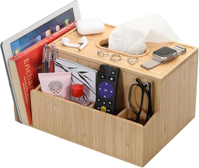 MobileVision Bamboo Tissue Box Holder & Tablet Stand Organizer for Bedroom & Desktop; compartment... | Amazon (US)