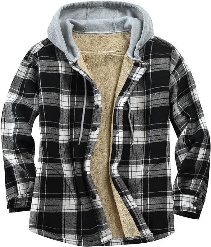 Men's Cotton Plaid Shirts Jacket Fleece Lined Flannel Shirts Sherpa Button Down Jackets with Hood... | Amazon (US)