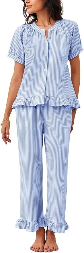 Flygo Womens Striped Pajama Sets 2 Piece Cotton Pjs Lounge Set Ruffle Button Down Tops Long Pants... | Amazon (US)