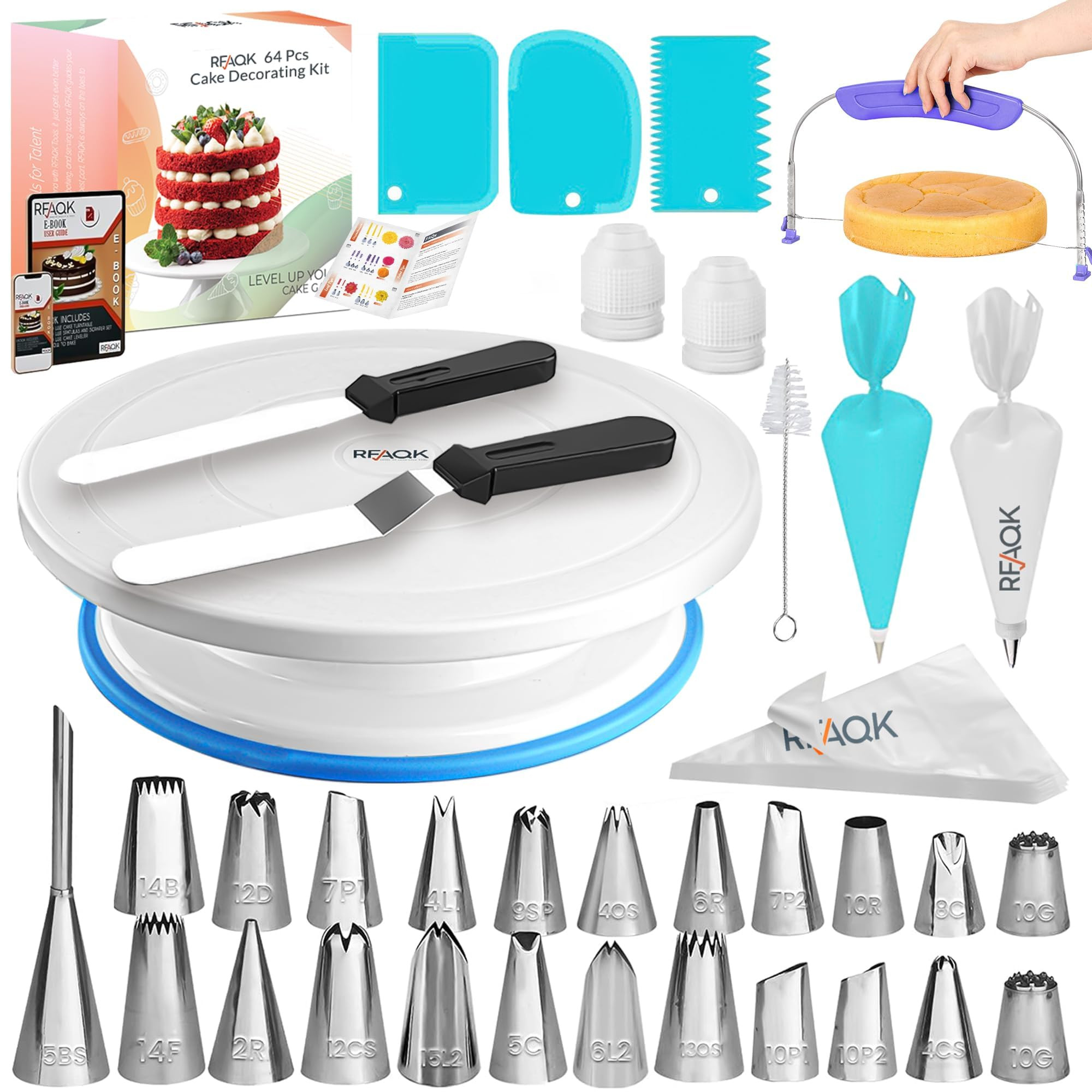 RFAQK 64 PCs Cake Decorating Kit for Beginners Includes Video Course, Booklet + Baking Supplies G... | Amazon (US)