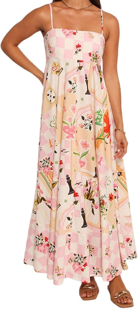 Women Boho Floral Maxi Dress Spaghetti Strap Smocked Back Flowy Dress Sleeveless Aline Long Sundr... | Amazon (US)