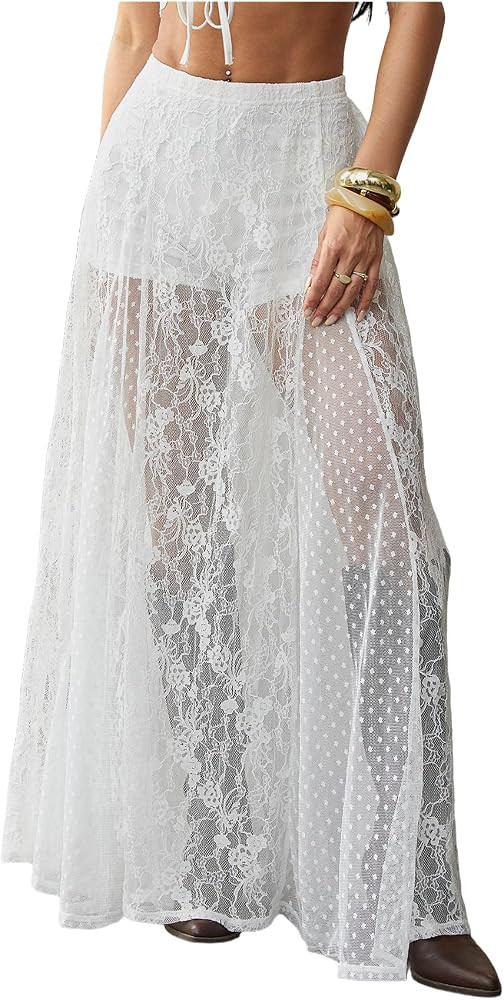 MakeMeChic Women's Lace Mesh Sheer Maxi Skirt Floral Ruffle See Through Long Skirts with Shorts C... | Amazon (US)