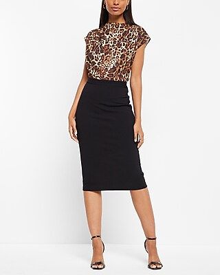 Leopard Draped Mock Neck Midi Sheath Dress | Express