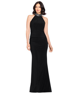 Petite Beaded Mock Neck Sleeveless Gown | Macy's