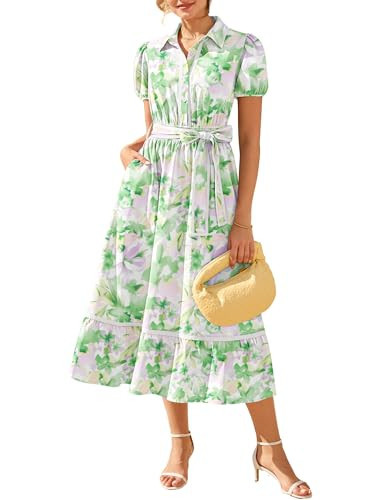 GRACE KARIN Women Summer Floral Maxi Dresses 2026 Wedding Guest Puff Sleeve Shirt Sundresses Boho Spring Clothes with Pockets Green Purple M | Amazon (US)
