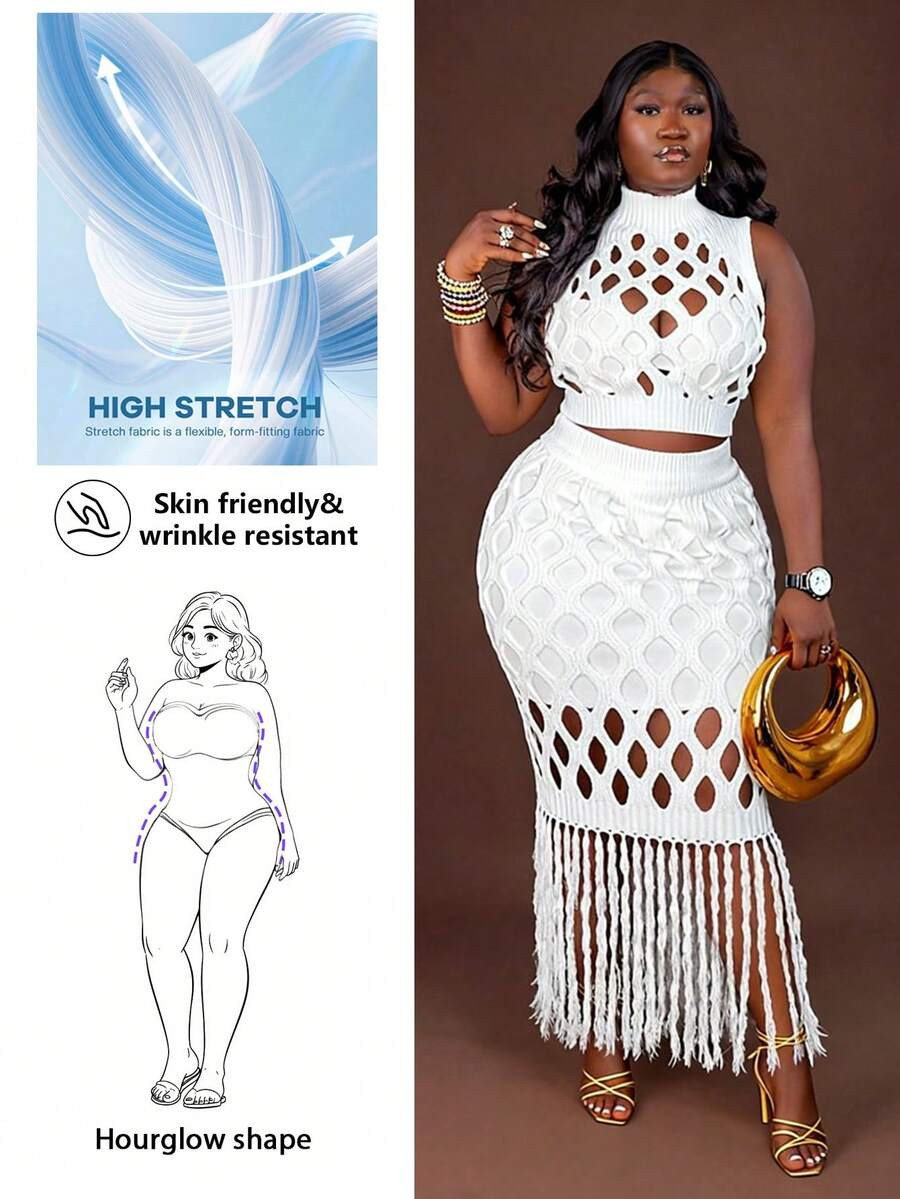 CurvyTilda Plus Size Casual Hollow Out Sleeveless Top And Skirt 2 Pieces Knit Set White Two Piece... | SHEIN