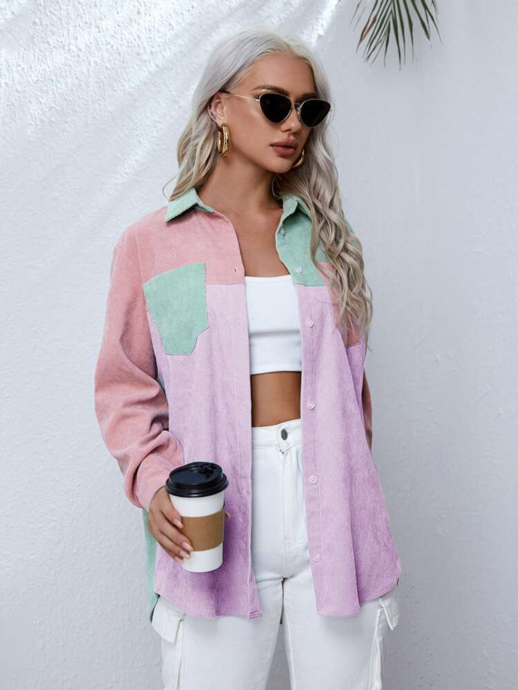 SHEIN Pocket Patched Colorblock Cord Blouse | SHEIN