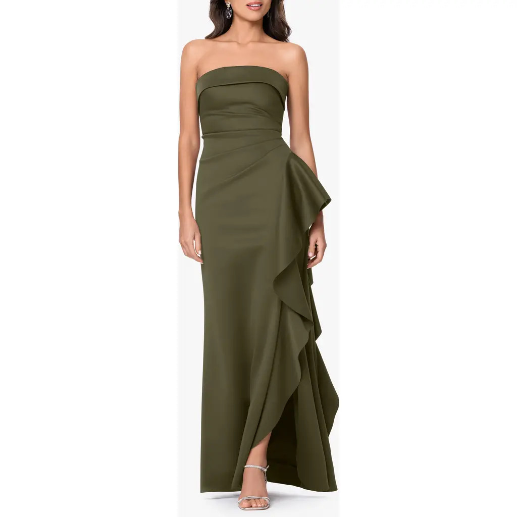 Xscape Evenings Ruffle Strapless Scuba Crepe Gown in Olive at Nordstrom, Size 8 | Nordstrom