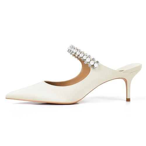 XINIUNIU Beige Satin Heels with Rhinestone for Women Heeled Mules Crystal Pointy Toe Slip On 2.5inch Kitten Stiletto Closed Toe Sandals Dress Wedding Pump Shoes Size 11.5 | Amazon (US)