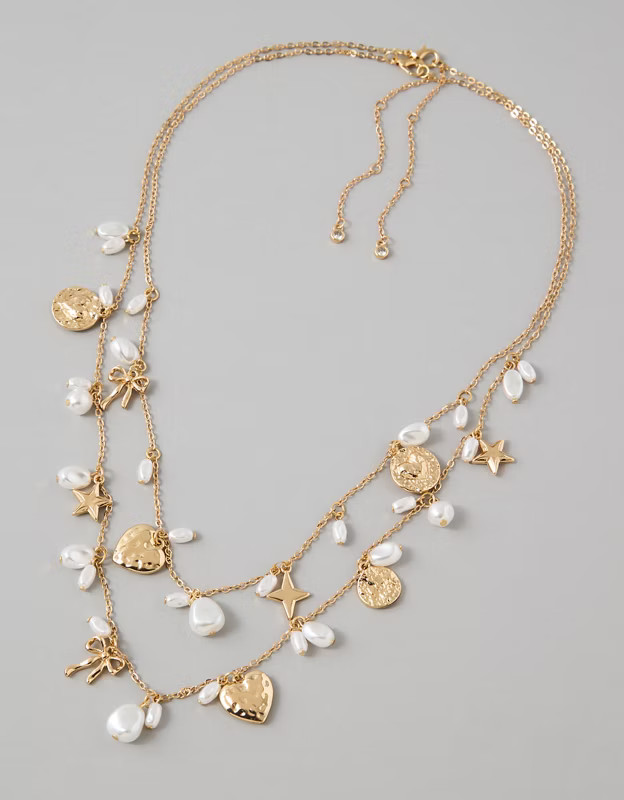 AE Double Chain Pearl Necklace | American Eagle Outfitters (US & CA)