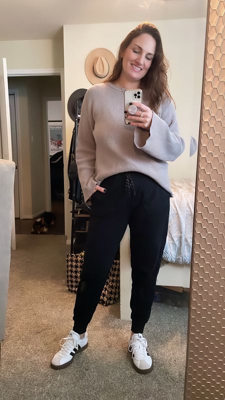 Casual Thursday look with a little Winston photobomb 🐶  Was so excited to bust out this Amazon The Drop sweater I’ve had for a couple years - paired with my fave Zella joggers & new adidas for a sporty mom look today 👟

#LTKstyletip #LTKmidsize #LTKover40