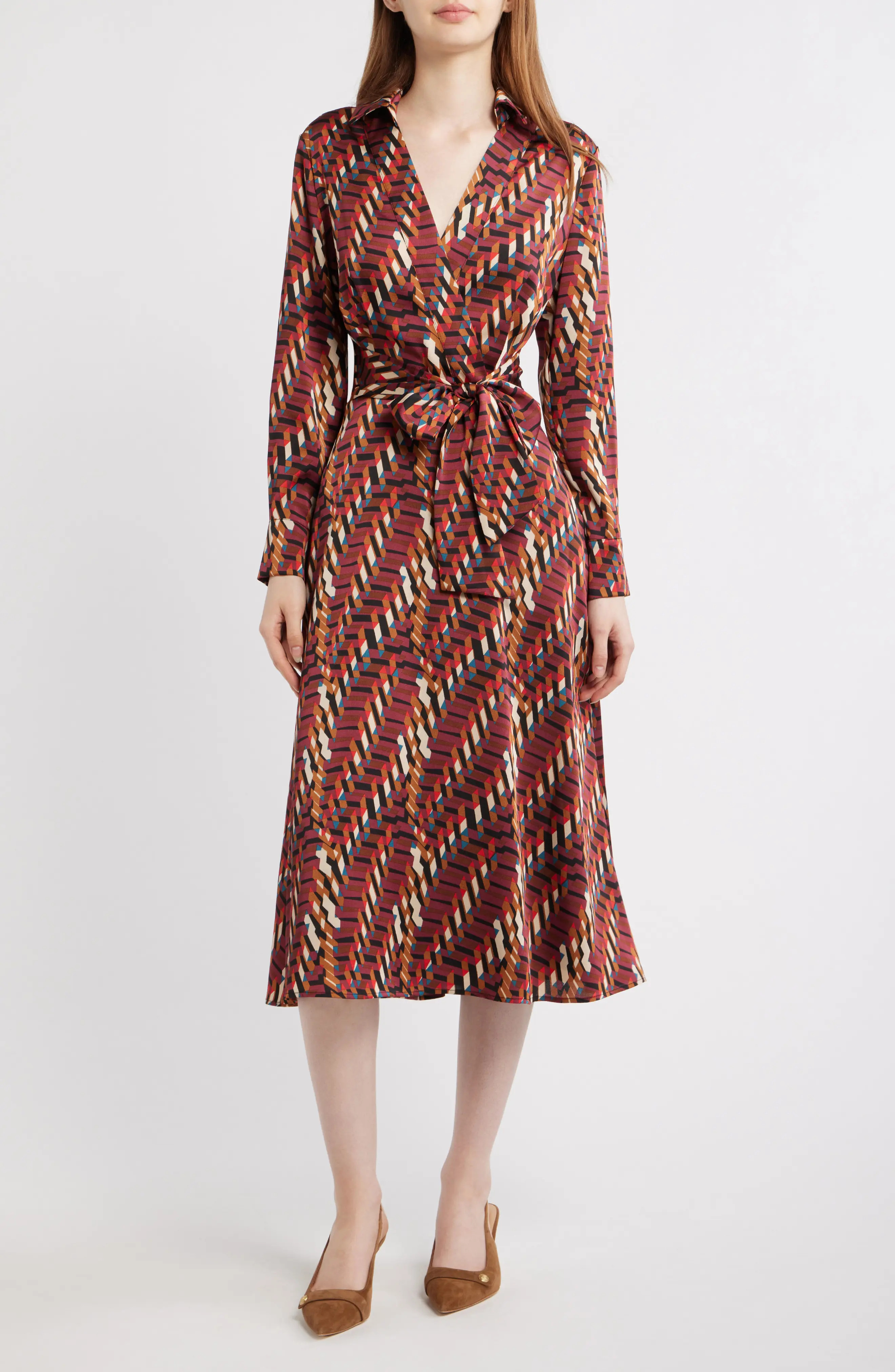 Tahari ASL Geo Print Long Sleeve Midi Shirtdress in Cranberry Multi at Nordstrom, Size 2 | Nordstrom