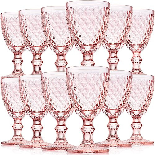 Lallisa 12 Pcs Pink Wine Glass Set Vintage Glassware Pink Goblets 8 oz Embossed Drinking Glass with Stem High Clear Stemmed Cups Goblet for Wedding Party Banquet Feast Bar, Daily Use | Amazon (US)