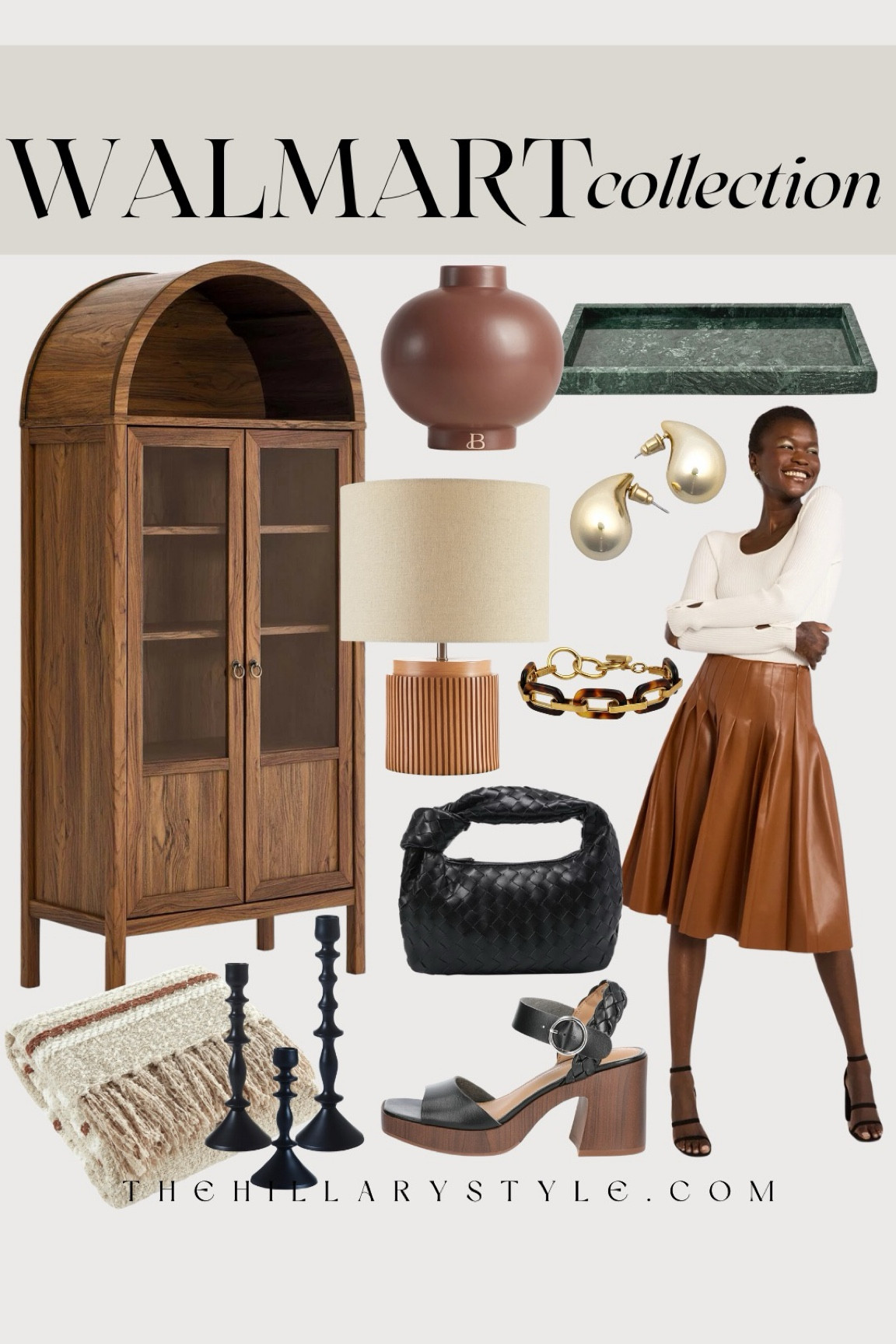 Walmart Collection: neutral home decor and furniture finds for the transition into Fall from Walmart. Pleated leather skirt, ribbed sweater top, black heel sandals, black handbag, tortoiseshell bracelet, gold drop earrings, wood cabinet, blanket, candle holder set, ribbed lamp, ceramic vase, marble tray.

#LTKSeasonal #LTKHome #LTKStyleTip