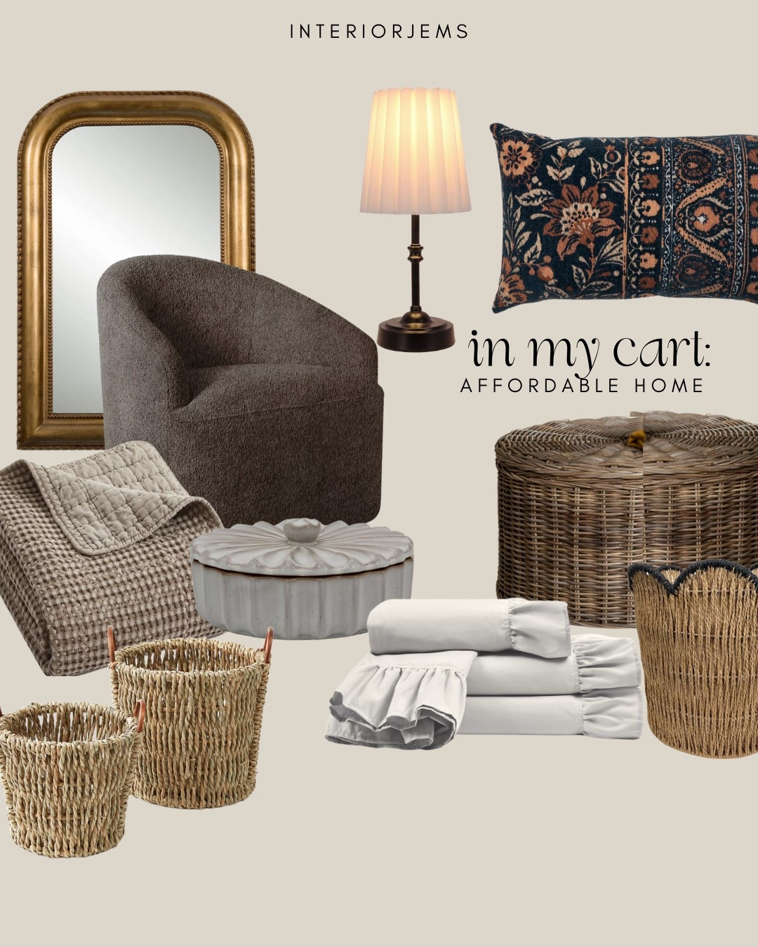Affordable home finds in my cart, throw pillow accent chair, brown accent t chair, vase, brass arch mirror, small lamp, portable lamp, a brown rattan ottoman from a baskets, ruffled bedding, bed, blanket, set up baskets kohls home 

#LTKSaleAlert #LTKHome #LTKStyleTip