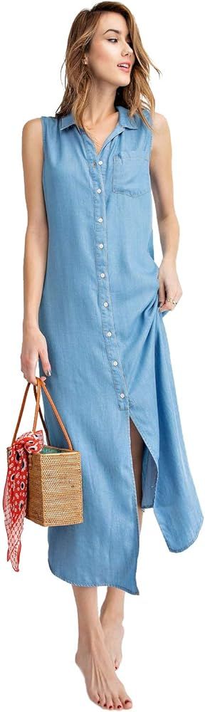 Anna-Kaci Classic Sleeveless Blue Jean Button Down Denim Pocket Collar Shirt Dress | Amazon (US)